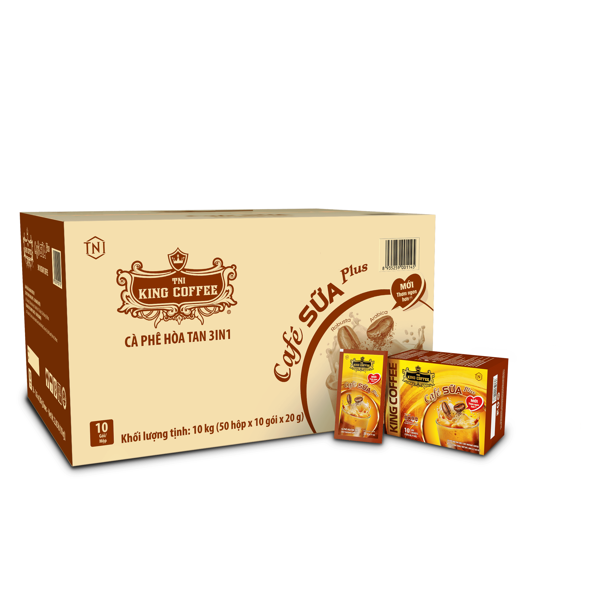 Cà Phê Sữa Hòa Tan PLUS 3IN1 KING COFFEE - Hộp 10 gói x 20g