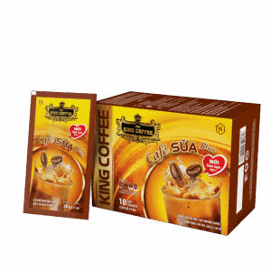 Hộp và gói Cà Phê Sữa Hòa Tan PLUS 3IN1 KING COFFEE - Hộp 10 gói x 20g
