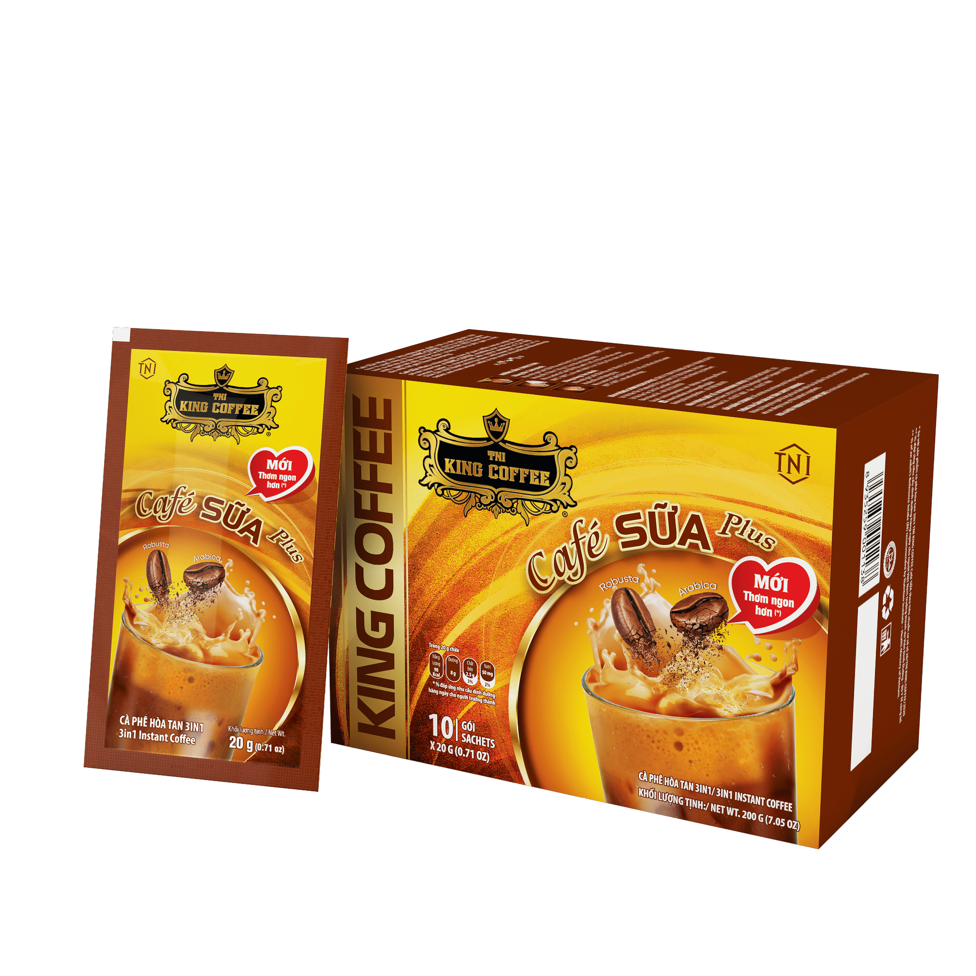 Hộp và gói Cà Phê Sữa Hòa Tan PLUS 3IN1 KING COFFEE - Hộp 10 gói x 20g