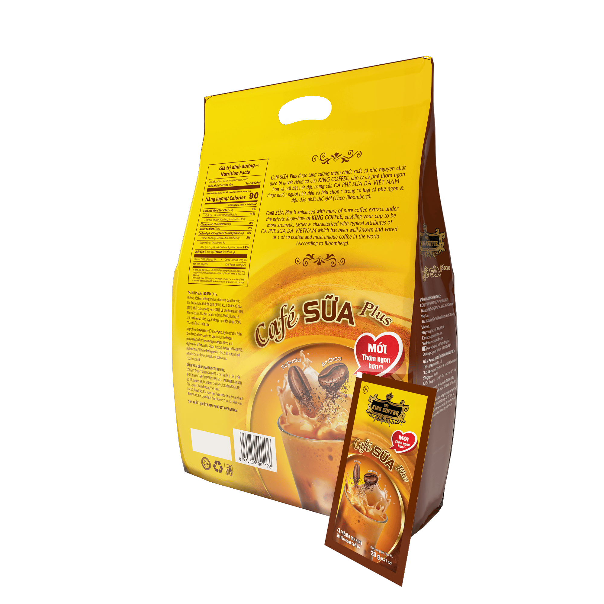 Túi Cà Phê Sữa Hòa Tan PLUS 3IN1 KING COFFEE - Túi 1kg (50 gói x 20g)