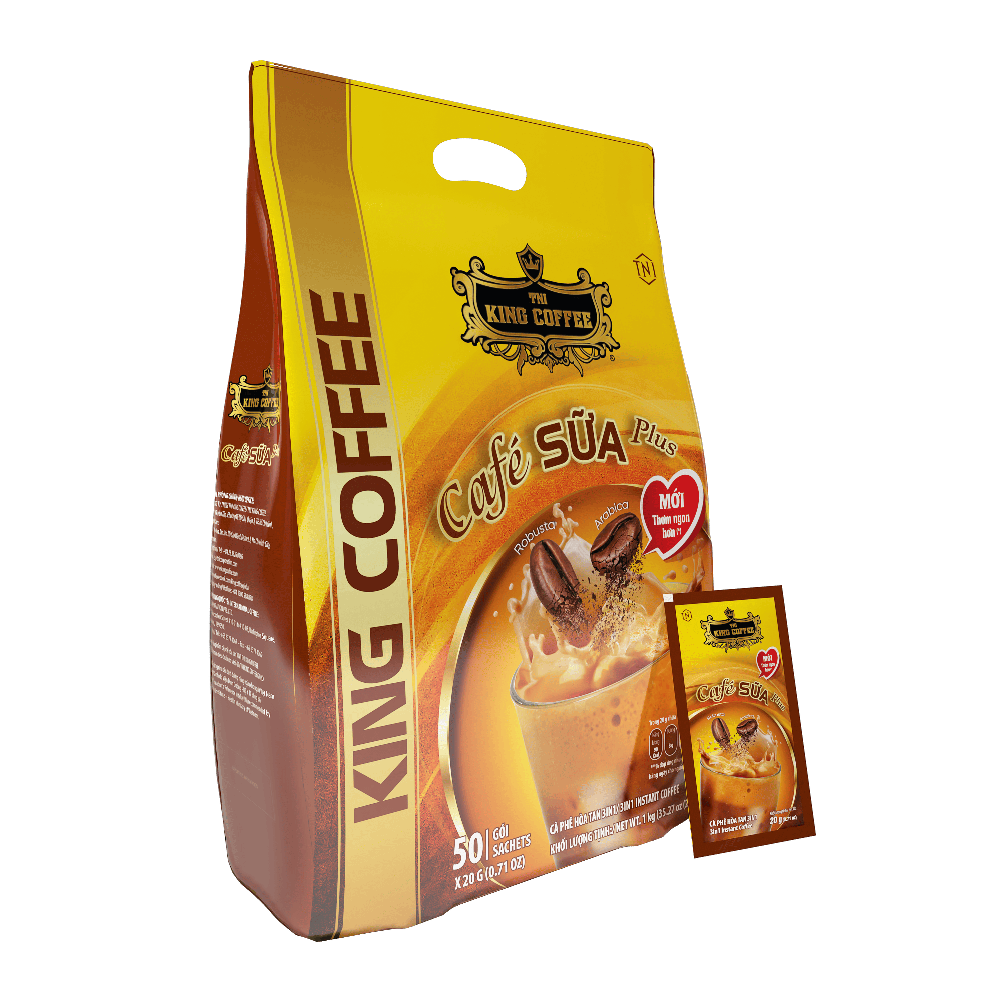Túi Cà Phê Sữa PLUS Hòa Tan 3IN1 KING COFFEE - Túi 1kg (50 gói x 20g)