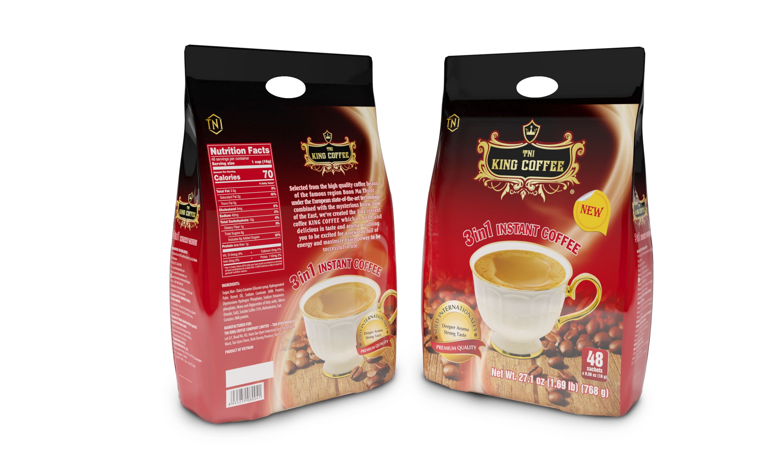 Mặt trước Cà Phê Hòa Tan 3IN1 KING COFFEE - Túi 48 gói x 16g