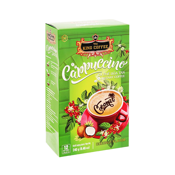 King-coffee-Cappuccino-Coconut-Box-12-sticks-x-20gr-EV.png Cà Phê Hòa Tan Cappuccino KING COFFEE vị Dừa - Hộp 12 gói x 20g