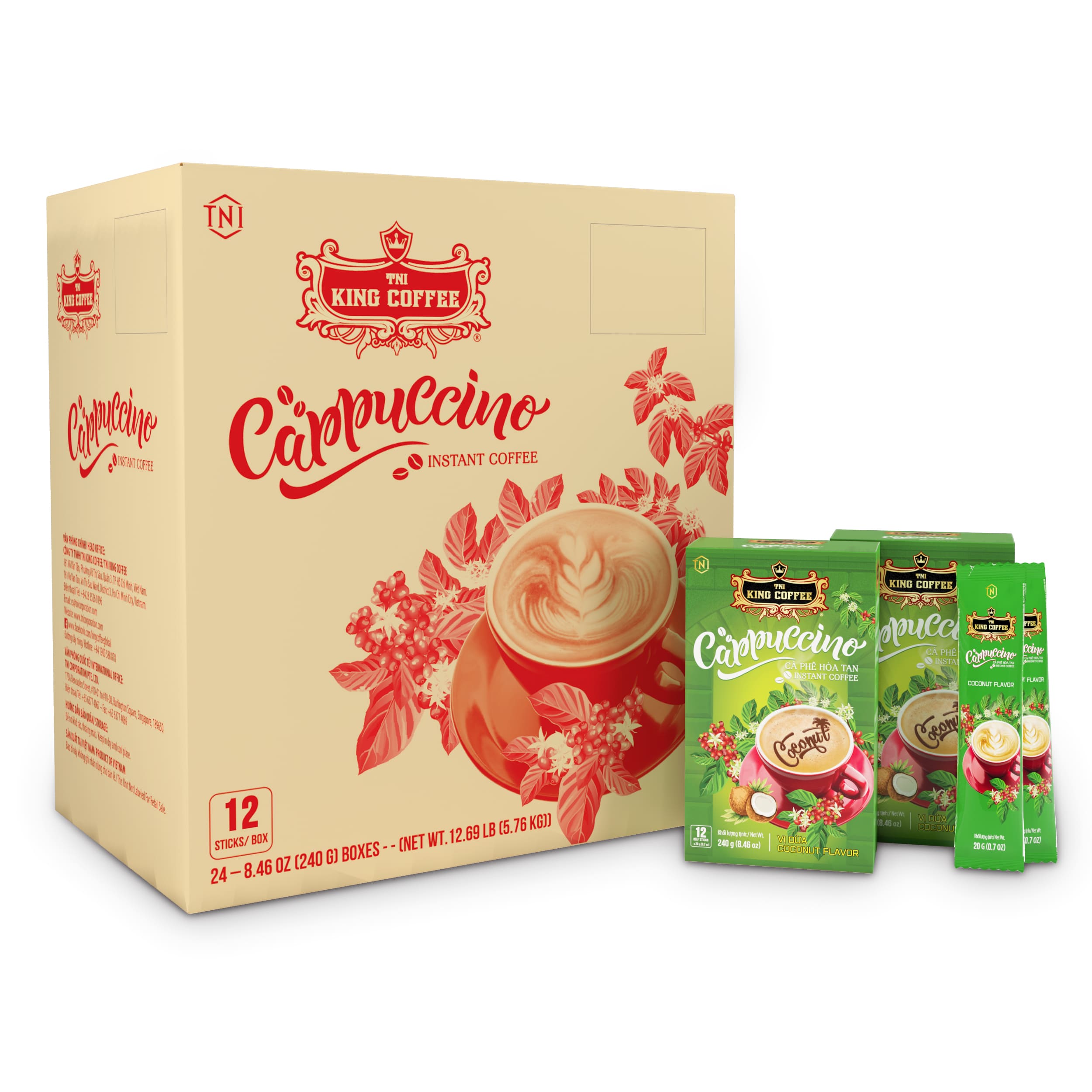 King-coffee-Cappuccino-Coconut-Box-12-sticks-x-20gr-box-sticks-carton.jpg Thùng Cà Phê Hòa Tan Cappuccino KING COFFEE vị Dừa - Hộp 12 gói x 20g