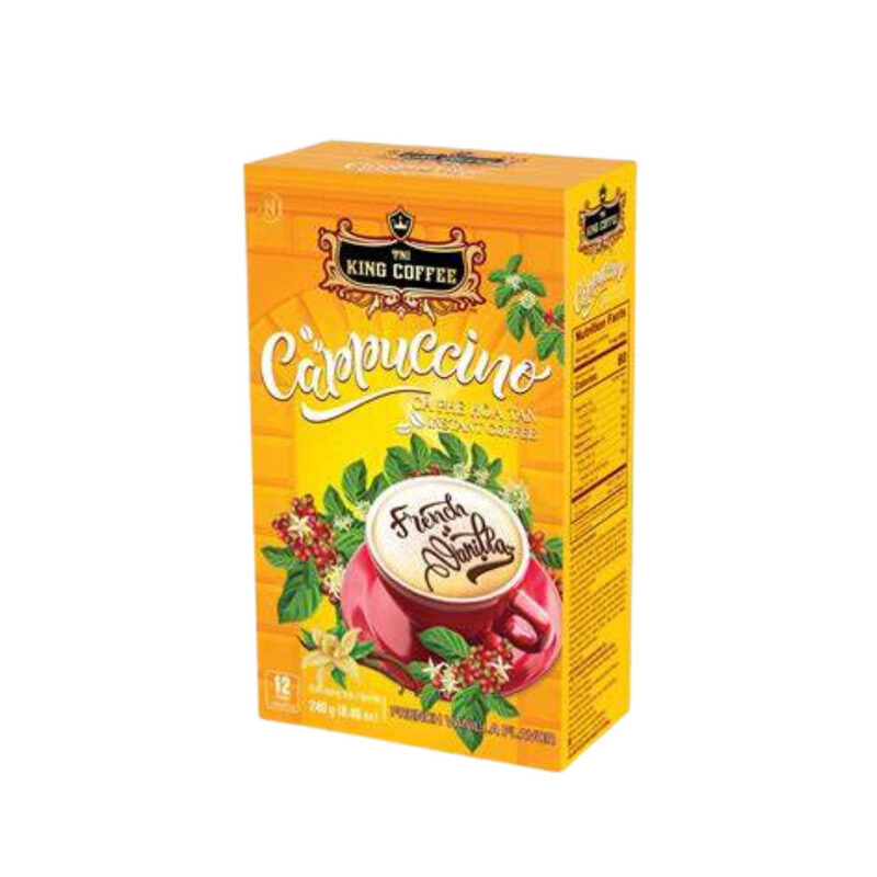 King-coffee-Cappuccino-French-Vanilla-Box-12-sticks-x-20gr-EV-e1750046709740.jpg Cà Phê Hòa Tan Cappuccino KING COFFEE vị Vanilla - Hộp 12 gói x 20g