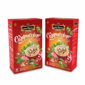 King-coffee-Cappuccino-Hazelnut-Box-12-sticks-x-20gr-box.jpg Hộp Cà Phê Hòa Tan Cappuccino KING COFFEE vị Hạt Dẻ - Hộp 12 gói x 20g