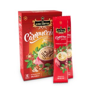 King-coffee-Cappuccino-Hazelnut-Box-12-sticks-x-20gr-box-sticks.jpg Hộp và gói Cà Phê Hòa Tan Cappuccino KING COFFEE vị Hạt Dẻ - Hộp 12 gói x 20g