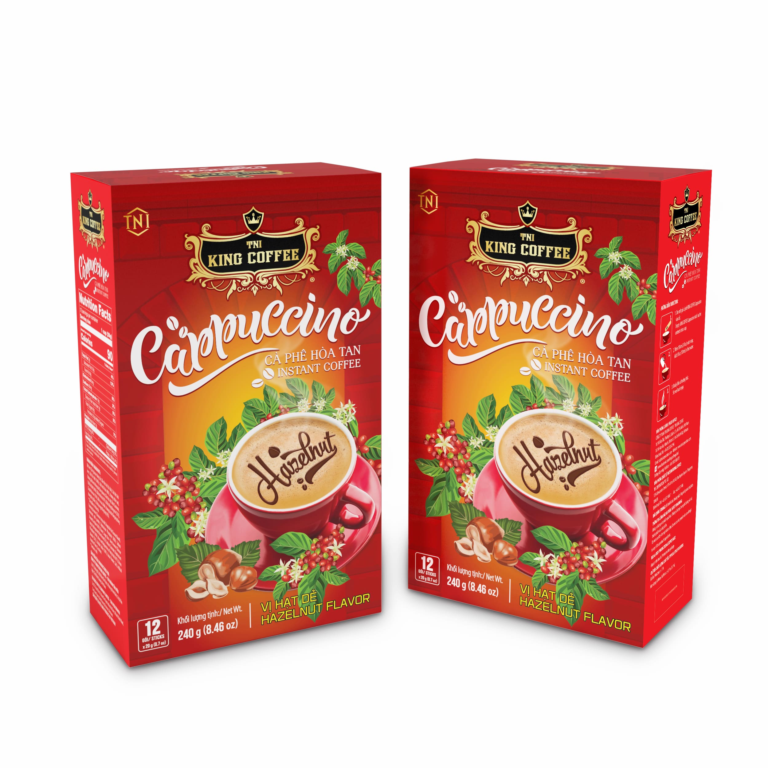 King-coffee-Cappuccino-Hazelnut-Box-12-sticks-x-20gr-box.jpg Hộp Cà Phê Hòa Tan Cappuccino KING COFFEE vị Hạt Dẻ - Hộp 12 gói x 20g