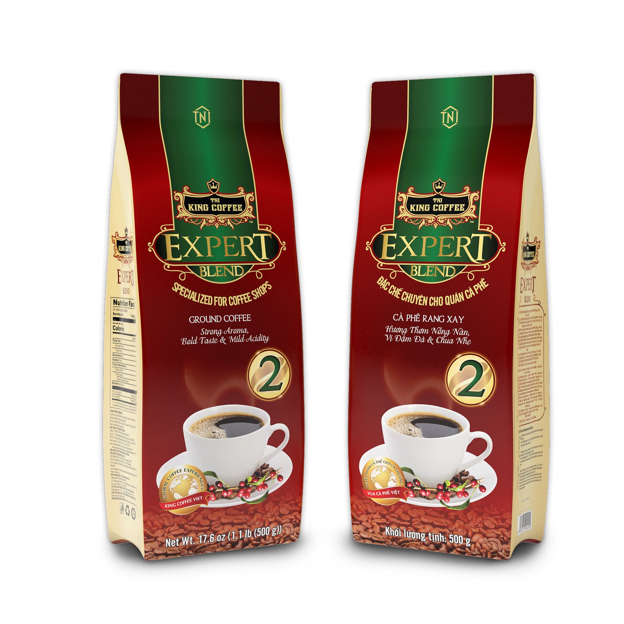 King-coffee-Expert-Blend-2-Tui-500gr-front-back.jpg Túi Cà Phê Rang Xay Expert Blend 2 KING COFFEE - Túi 500g