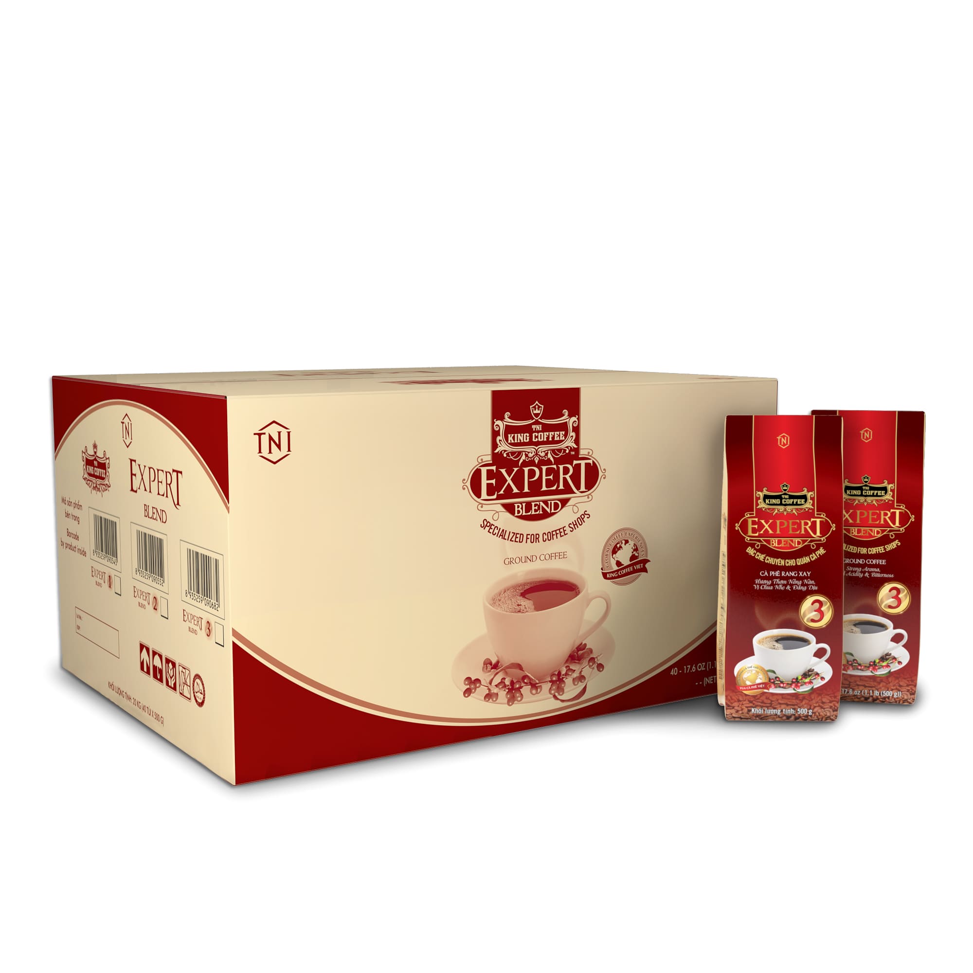 King-coffee-Expert-Blend-3-Tui-500gr-carton.jpg Thùng Cà Phê Rang Xay Expert Blend 3 KING COFFEE - Túi 500g