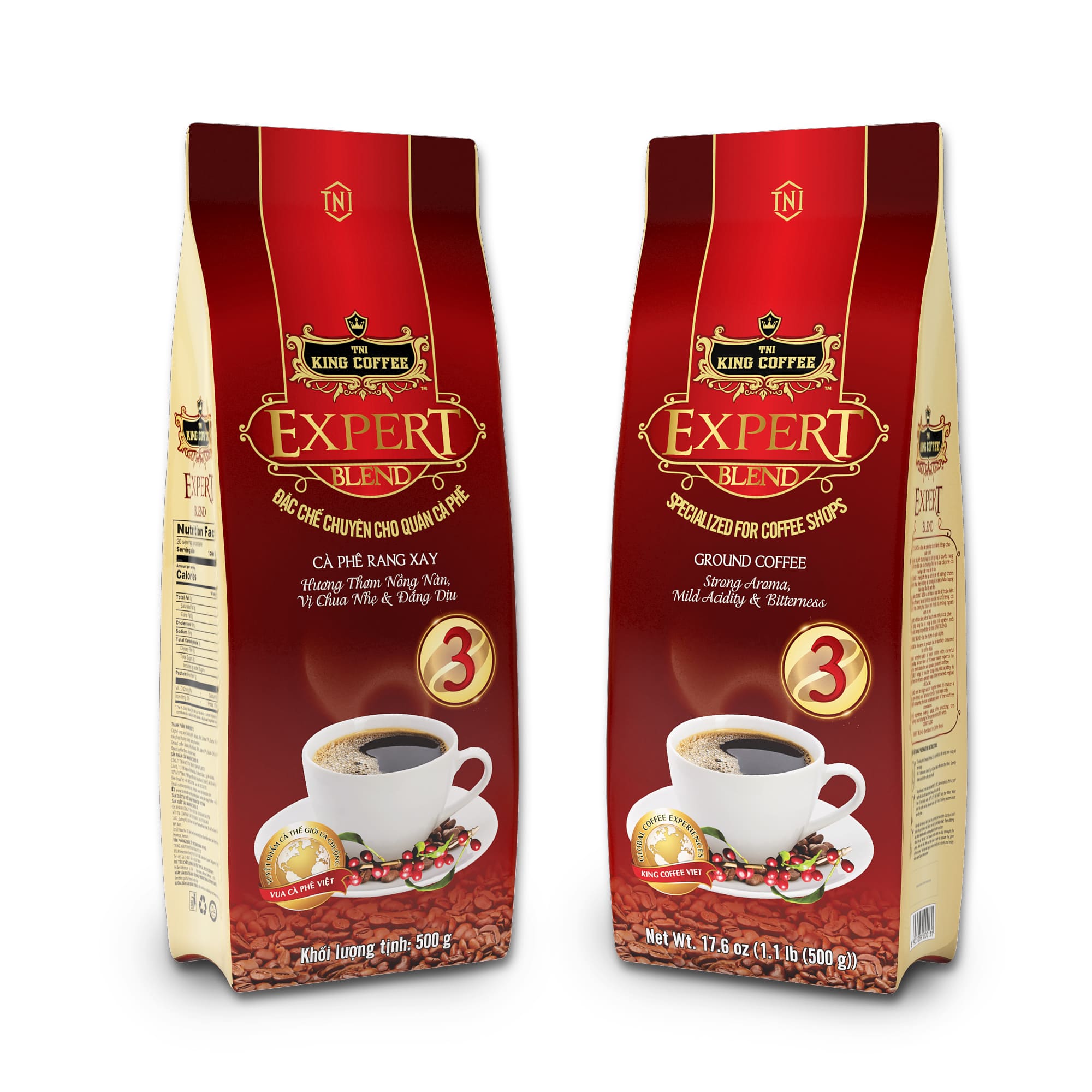 King-coffee-Expert-Blend-3-Tui-500gr-front-back.jpg Túi Cà Phê Rang Xay Expert Blend 3 KING COFFEE - Túi 500g