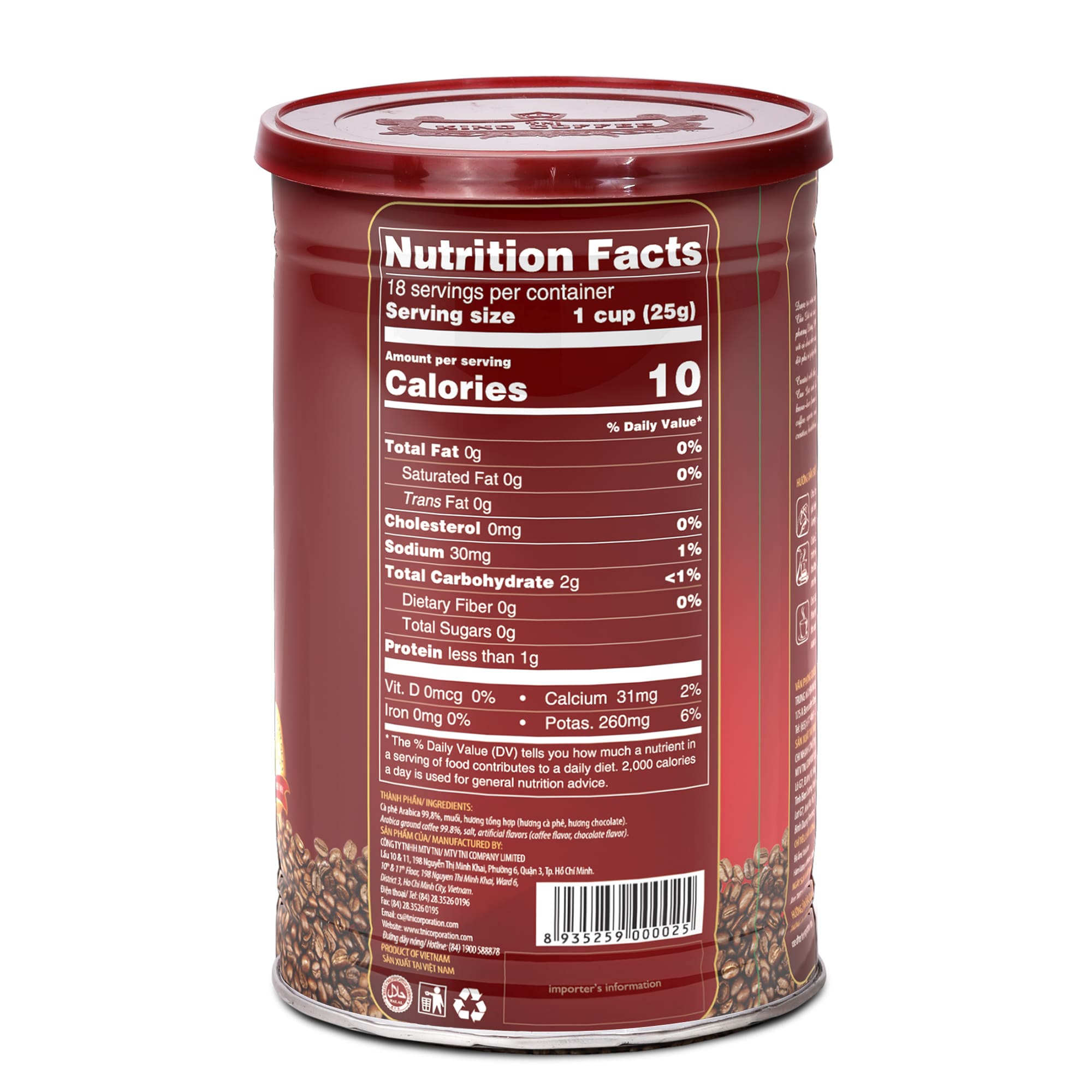 Mặt sau Cà Phê Rang Xay Premium Blend KING COFFEE - Lon 450g