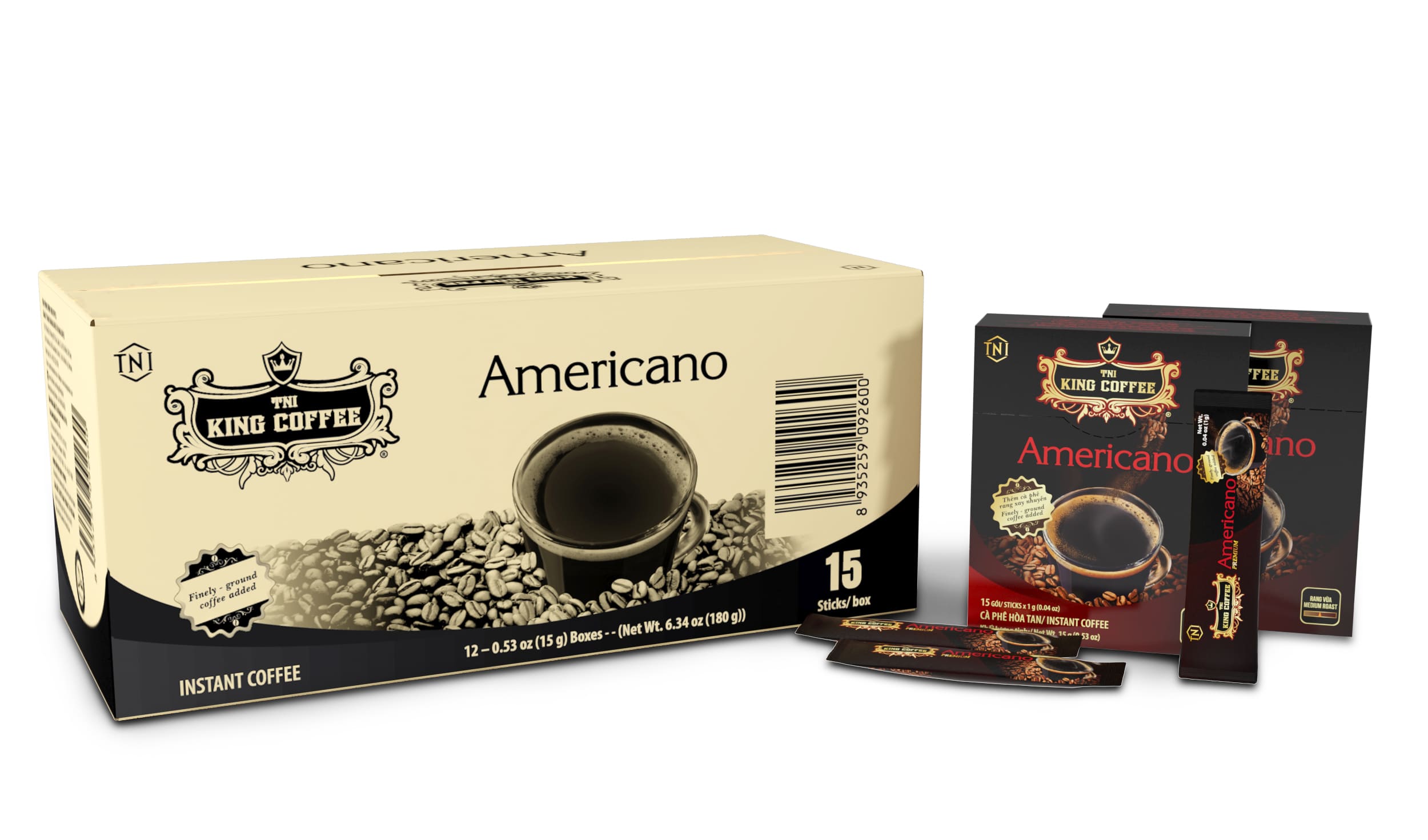 Thùng Cà Phê Hòa Tan Americano Cao Cấp KING COFFEE - Hộp 15 gói x 1g